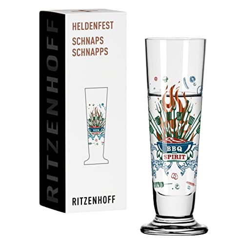 RITZENHOFF 1061014 Schnaps-Glas 40 ml - Serie Heldenfest, Motiv Nr. 14 – BBQ and beer – rund – Made in Germany