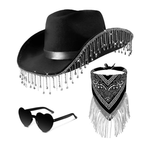 CASNO Cowboyhut, Schal und Sonnenbrille mit Fransen, Kostüm-Set, Western-Cowgirl-Hut, Musikfestival, Junggesellinnenabschied, Requisiten