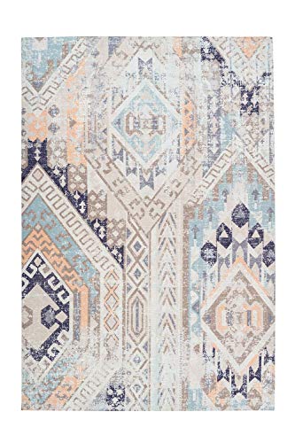 One Couture Vintage Teppich Ethno Design Azteken Maya Inka Muster Teppiche Creme Blau Beige, Größe:80cm x 150cm