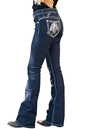 X-xyA Frauen Jeans Hochhaus Feder Stickerei Dehnbare Bootcut Slim Wide Bein Denim Hosen,Blau,4XL