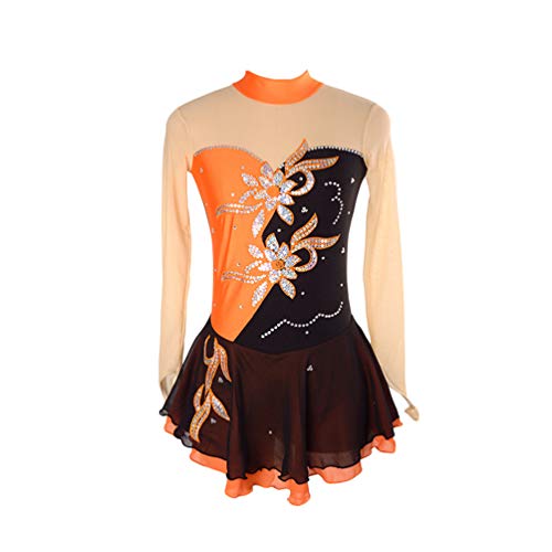 Kaiyei Eiskunstlaufkleid Frauen Mädchen Eislaufkleid Royal Chemical Fiber Mischung Nylon Material Handgefertigte feine Bohrer Schwarz Orange L