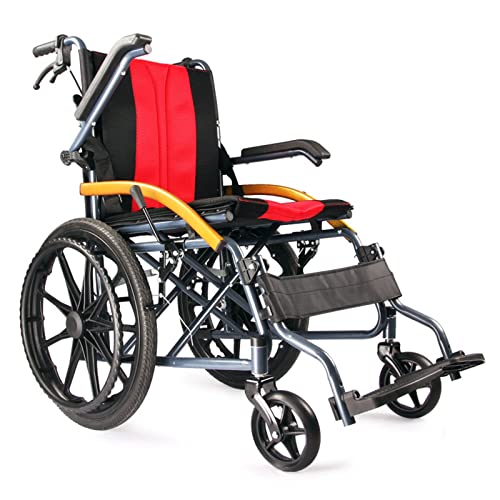 Rollstuhl Faltbar Leicht Reiserollstuhl, Stahl Rollstühle mit Selbstantrieb, Reiserollstuhl für Behinderte und ältere Menschen, Aktivrollstuhl, Drehbare Armlehnen,Rot