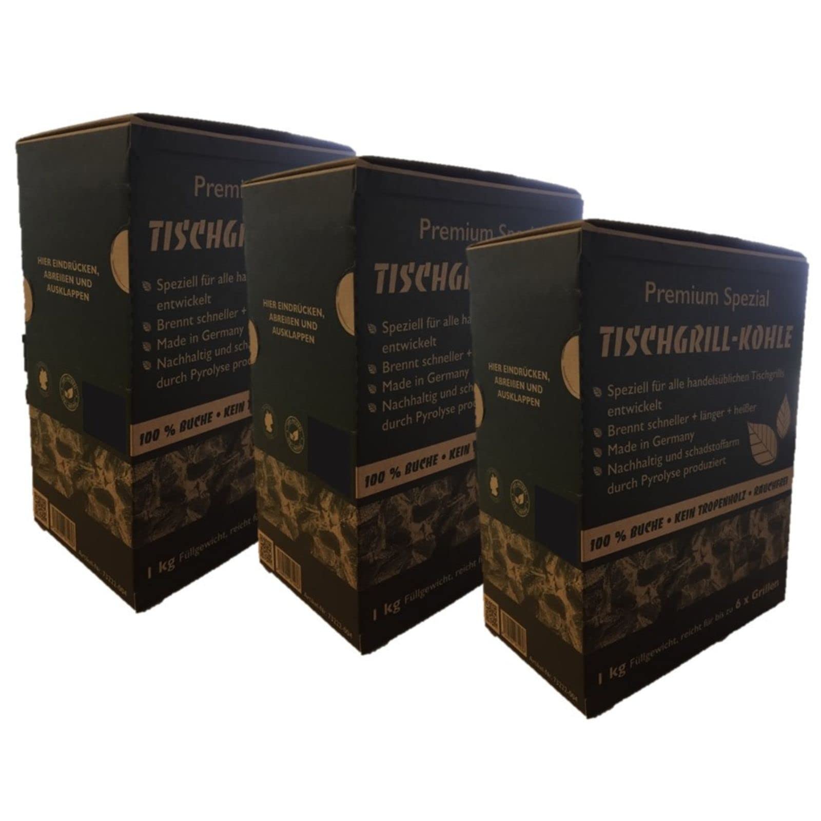 3 x 1 kg Premium Spezial Tischgrill Holzkohle für alle handelsüblichen Tischgrills, rauchfrei, 100% Buche, im praktischen Schüttkarton