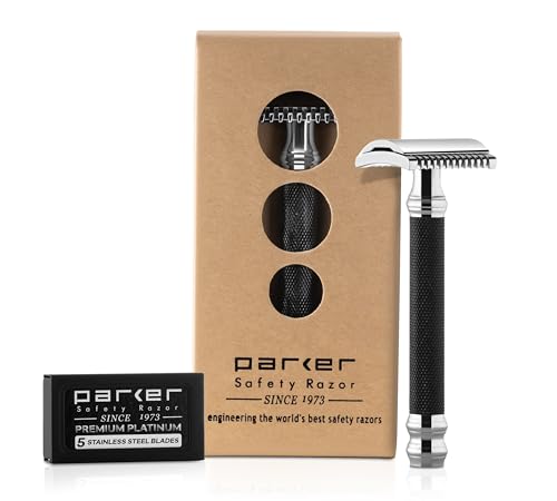 Parker Safety Razor Parker 26C - Schwarz Griff Dreiteiliger öffnen Comb Double Edge Safety Razor & 5 Premium Double Edge Blades