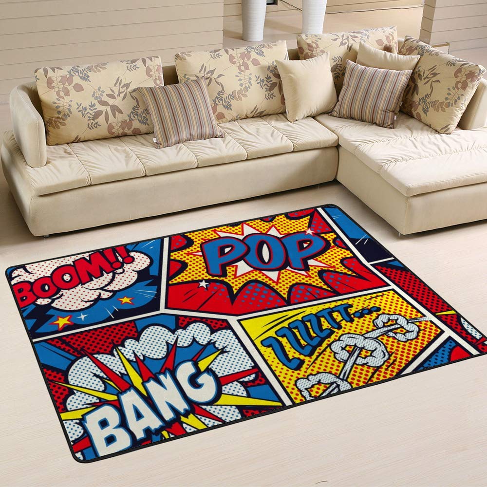 ALAZA Retro-Comic-Pop-Art-Teppich, bunt, 1,2 m x 1,8 m, für den Innenbereich, leichte Polyester-Bodenmatte für Wohnzimmer, Schlafzimmer, Wohnheim