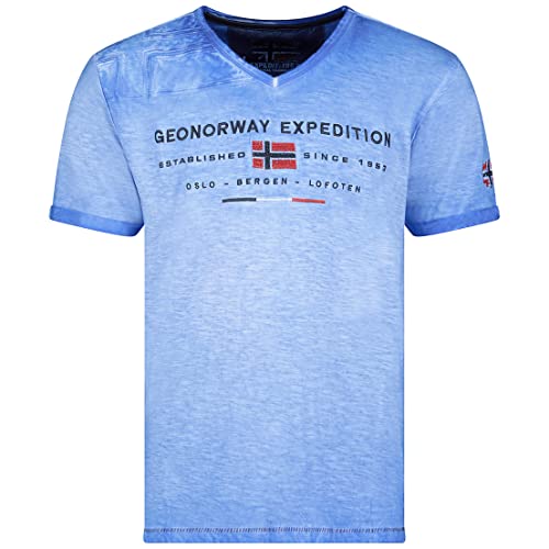 Geographical Norway Jiwash Men - Herren T-Shirt Baumwolle - Klassische T-Shirts mit Logo - Bodywear Kurzarm - V-Ausschnitt Regular Fit Herren (Blau L)