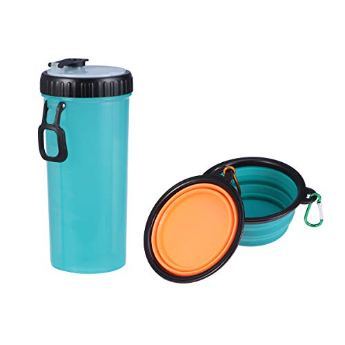 POPETPOP Tragbare Haustier-Reise-Wasserflasche für Hunde, mit faltbarem Silikonnapf, ideal für Reisen (cyanfarbene Flasche)