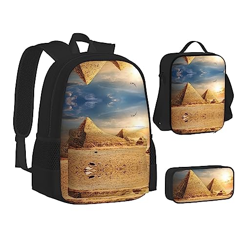 FRGMNT Ägyptische Pyramide in Wüste Rucksack Schule Büchertaschen Set Lunchtasche Federmäppchen Schulrucksäcke für Teenager Mädchen Jungen, Ägyptische Pyramide in Wüste, Einheitsgröße, Schulrucksack