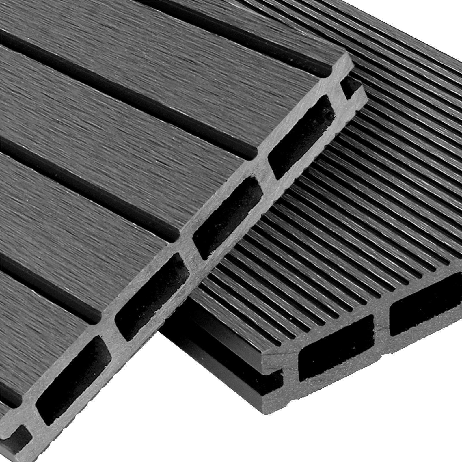 WPC Terrassendielen Basic Line - Komplett-Set hellgrau | 8m² (4m x 2m) Holz-Brett Dielen | Boden-Fliesen + Unterkonstruktion & Clips | Balkon Boden-Belag + rutschfest + witterungsbeständig