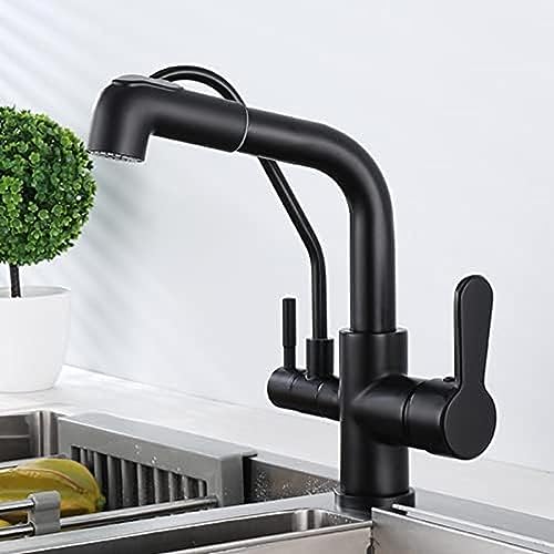 PIWYTRB 3-Wege-Küchenarmatur mit herausziehbarer Brause, schwarzes Messing, drehbar, Multifunktions-3-in-1-Küchenmischbatterie-A,A