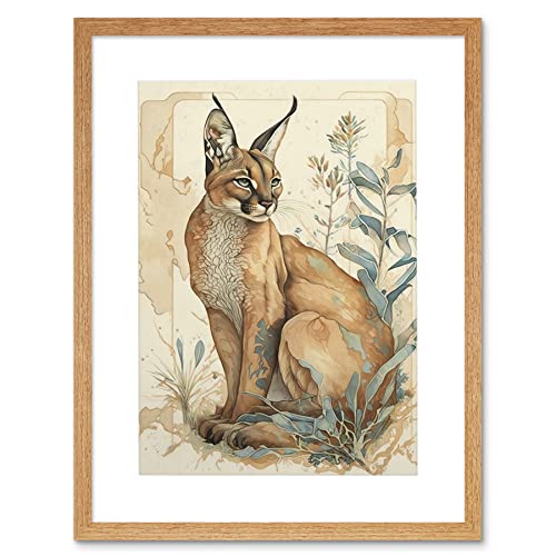 Caracal Cat with Teal Plants Modern Pastel Watercolour Illustration Artwork Framed Wall Art Print 12X16 Inch
