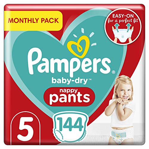 Pampers Baby-Dry Windelhose Größe 5, 144 Windelhöschen, 12-17kg, Easy-On mit Luftkanälen für bis zu 12 Stunden atmungsaktive Trockenheit, Monatspackung