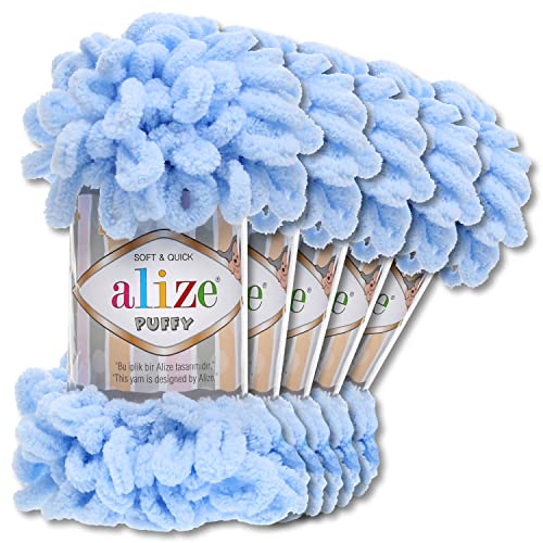 Alize 5 x 100 g Puffy Wolle Chenille Schlaufenwolle Häkeln und Stricken ohne Hilfsmittel Kleidung Accesoire Decken Teppiche (183 | Hellblau)