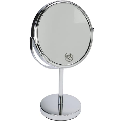 Fantasia Standspiegel rund - zweiseitig, normal und 10-fache Vergrößerung, Make Up Spiegel Ø 18cm, Höhe: 32cm, Kosmetikspiegel Metall/Silber