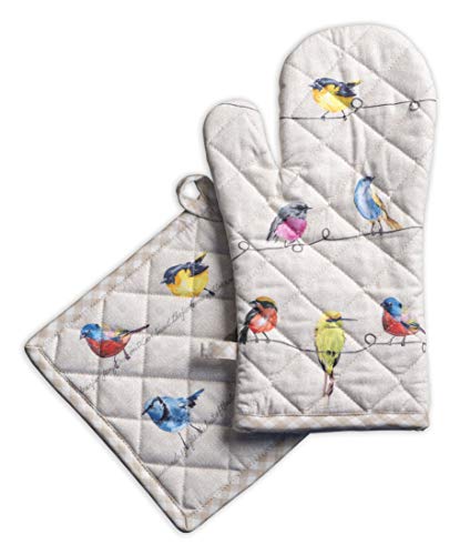 Maison d 'Hermine Birdies on Wire 100% Baumwolle Set aus Ofenhandschuh (19 cm x 33 cm) und Topflappen (20 cm x 20 cm) zum BBQ | Kochen | Backen | Mikrowelle | Grillen | Frühling / Sommer | Ostern