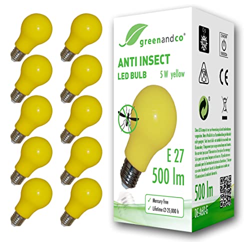 GreenAndCo 10x Anti-Insekten LED Glühbirne E27, 560-580nm Wellenlänge, gelb, Nicht dimmbar, 2 Jahre Garantie
