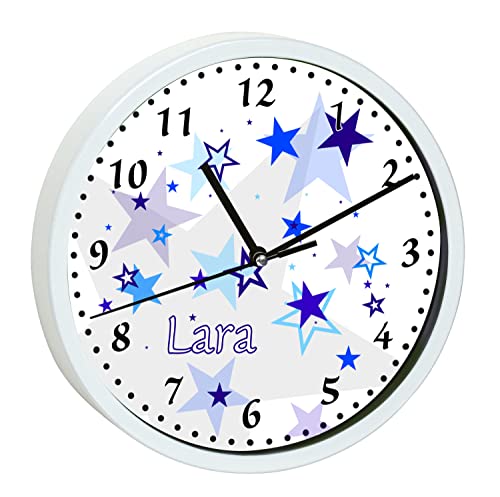 CreaDesign, WU-30-1030-01 Sterne Blau Wanduhr für Kinderzimmer, lautloses Uhrwerk ohne Ticken, personalisierbar mit Namen, Rahmen weiß, Durchmesser 19,5 cm