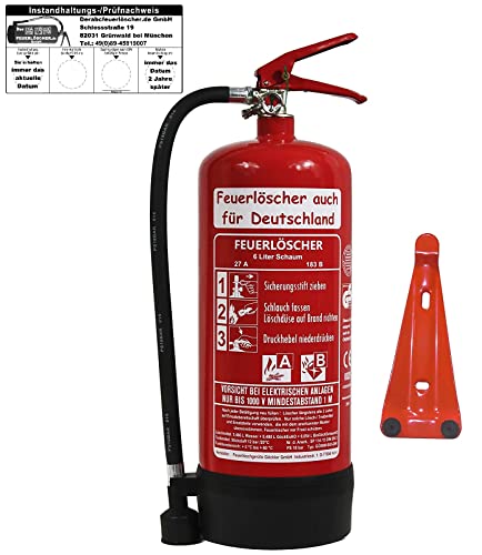 NEU 6 L Schaum Feuerlöscher Brandklasse AB BIO DIN EN3, GS + Wandhalter + Manometer + Standfuß, 27 A, 183 B, 9 LE Schaumlöscher, Gewerbe, Industrie, Haushalt, Gastro, Hotel, Büro, Betrieb, Grill