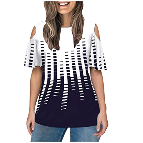 Yowablo Blumen BlusenKleid Sommerkleid Bluse Tops Mode O-Neck Print Patchwork Off Shoulder Kurzarm (XXL,2Marine)