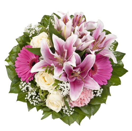 Dominik Blumen und Pflanzen, Blumenstrauß "Laura" mit rosa Lilien, Rosen und Gerbera