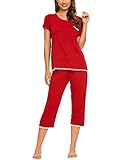 MINTLIMIT Damen Pyjama Shorty Schlafanzug Kurz Süß Shirt Kurzarm Caprihose für Sommer Frauen (Rot,Größe M)