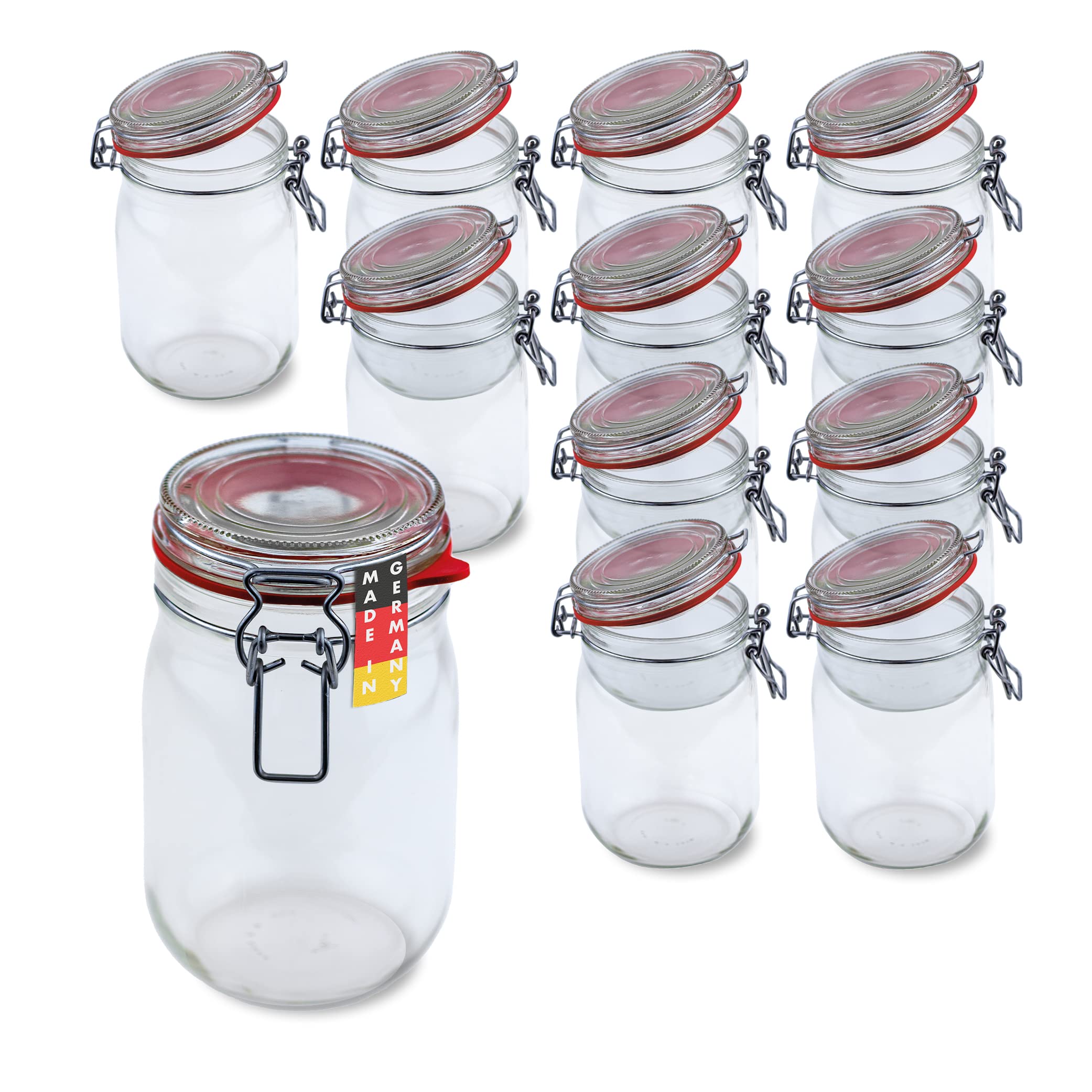 Flaschenbauer- 12 Drahtbügelgläser 1140ml verwendbar als Einmachglas und Fermentierglas, zu Aufbewahrung, Gläser zum Befüllen, Leere Gläser mit Drahtbügel - Made in Germany