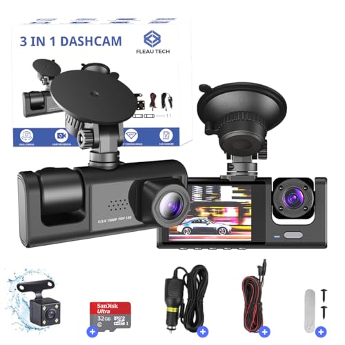 Fleau Tech Dashcam für Auto 3 in 1 – Vorder- und Rückkamera – Bewegungserkennung und Parkmodus – G-Sensor – Full HD – 170°-Weitwinkelobjektiv – Loop-Aufnahme – Micro-SD-Karte 32 GB