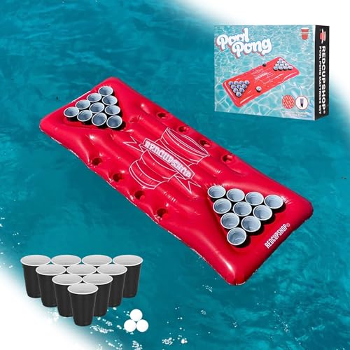 RedCupShop® Beer Pong Pool Luftmatratze | Set inkl. 25 Becher & 3 Bälle | XXL Pool Pong 175 x 75 cm | Cooles Sommer Geschenk