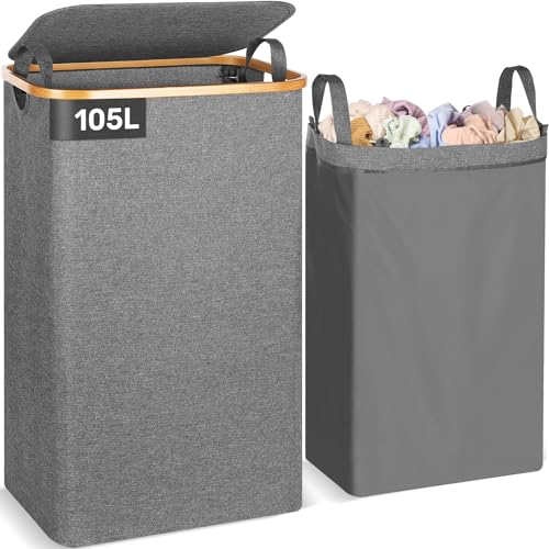 OUSFOT Wäschekorb mit Deckel 105L Grau