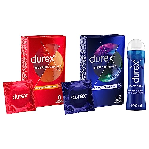 Durex Ausprobier-Set mit Gefühlsecht Extra Groß Kondome 8 Stück & Performa Kondome 12 Stück & Play Feel Gleitgel 100ml