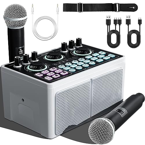 Bluetooth Karaoke Maschine, ALLWIN 3in1 Tragbares Lautsprecher Karaoke System Audio Schnittstelle mit 2 Mikrofonen Soundkarte unterstützt TWS,für Indoor Outdoor Singen,Live-Streaming mit PC/Smartphone