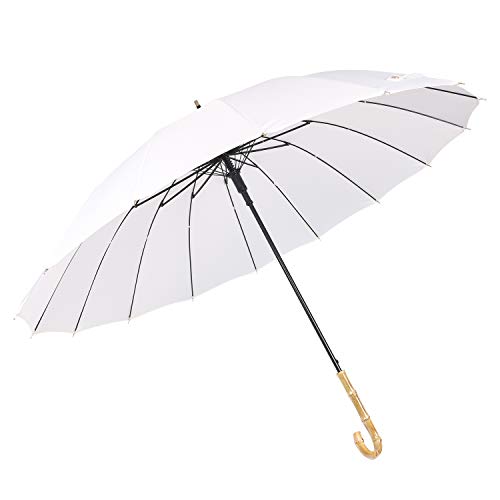 ThreeH Holzgriff Regenschirm Sturmfest Wasserabweisend Windsicher Automatik Golfschirm Tragbar Stockschirm KS08,White