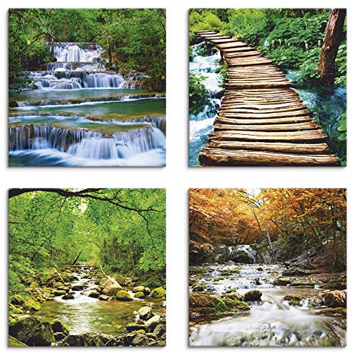 Artland Leinwandbilder auf Holz Wandbild Bild Set 4 teilig je 30x30 cm Quadratisch Landschaft Gewässer Grün Wasserfall Herbst Wald Fluss Smolny S6GL