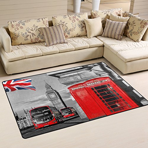 Use7 Teppich, Motiv: Londoner Telefonzelle, Big Ben Bus-Bereich, rutschfest, für Wohnzimmer, Schlafzimmer, 100 x 150 cm
