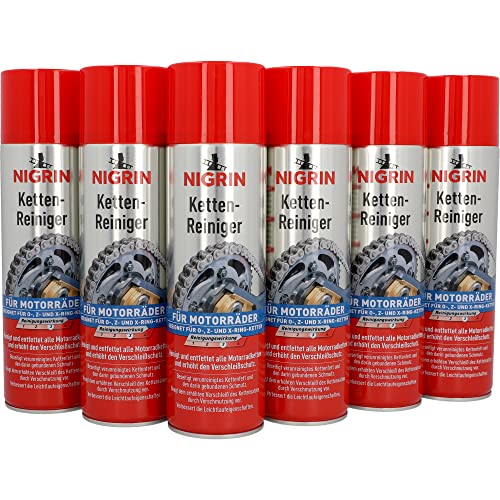 NIGRIN Kettenreiniger, 6 x 500 ml Sprühdose, Kettenspray für Motorrad, reinigt und entfettet Motorradketten