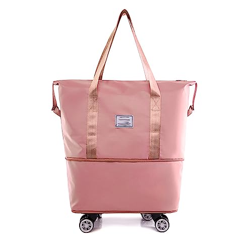 Zusammenklappbare und tragbare Gepäcktasche, erweiterbar Rolling Duffle Pack Leichte Faltbare Business-Reisetasche mit Rädern Griff Mehrere Taschen Trocken Nass (Rosa)