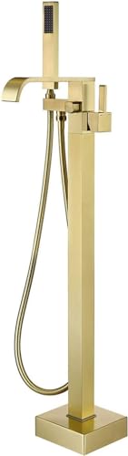JQFDD Freestanding Bath Tap Waterfall Bath Mixer with Hand Shower, Brass Floor Mounted Bath Tap Single Lever Bath Mixer for Bathroom, Brushed Gold