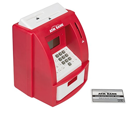Idena 50021 - Digitale Spardose, Geldautomat mit Sound in Rot, PIN geschützter Bankkarte, Münzzähler und vielen Funktionen, ca. 21,8 x 16 x 14,5 cm