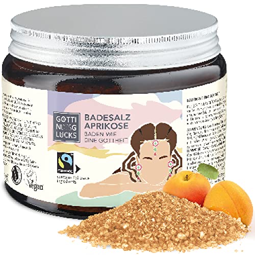 Göttin des Glücks Badesalz im Glas – Badezusatz Aprikose – Badekristalle in Glastiegel 450 Gramm – Bade-Salz Vegan & Fairtrade Naturkosmetik