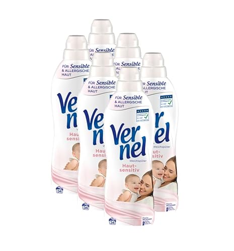 Vernel Hautsensitiv Weichspüler (6x34 Waschladungen), Wäscheduft für sensible & allergische Haut und langanhaltende Frische, recycelbare Flasche