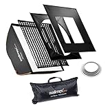 Walimex pro Softbox mit Gitter 90x90cm I Inkl Hensel EH Adapter, 3cm Grid, Masken, Diffusor Lichtformer 360° drehbar hitzeresistent Ideal für Produktfotografie, Fotolicht für Unterwegs & im Studio