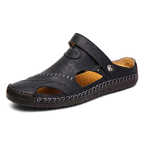 Rojeam Lässige Ledersandalen für Herren Geschlossene Zehe Strand Pantoffeln Flache Schuhe Sommer Sandalen für Wandern Trekking