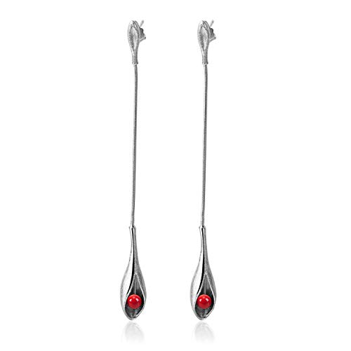 Lotus Fun S925 Sterling Silber Ohrringe Weinlese elegant lang Tropfen Ohrringe für Frauen und Mädchen, Kreativ Natürlicher Handgemachter Einzigartiger Schmuck (Red)