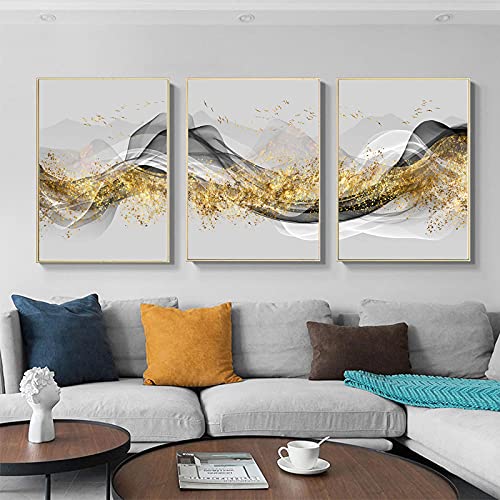 3 Paneele Gold Mountain Poster im chinesischen Stil Wohnkultur Gemälde an der Wand Quadros Decorativos Poster Drucke Kunst 70 x 100 cm (28 x 39 Zoll) x 3 Rahmenlos