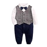 Baby Formale Outfit Jungen Smoking Plaid Gentleman Anzug Onesie Overall (D Beige,6-9M)