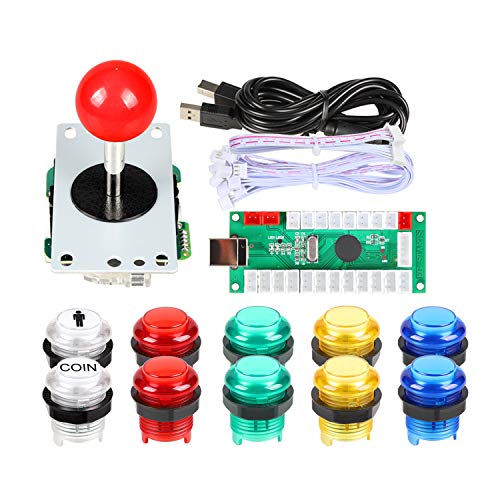 Fosiya USB-Encoder zu PC-Arcade-Joystick, roter Kugelkopf + 10 x 5-V-LED-Arcade-Tasten für Arcade-PC-Spiele, Mame Raspberry Pi