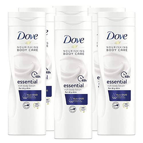 6 x Dove Körpercreme Essential Body Lotion für trockene Haut, nährt die Haut für 48 Stunden, schnelle Absorption, 6 Flaschen à 400 ml