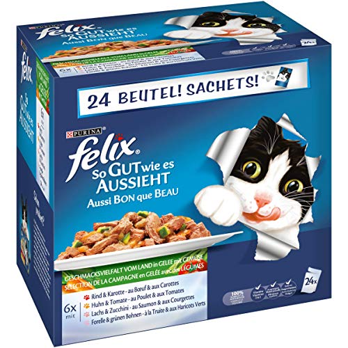 Felix So gut wie es aussieht, Katzennassfutter, Gelee Geschmacksvielfalt vom Land mit Gemüse I Adult I 4er Pack (4 x 24 x 100g)