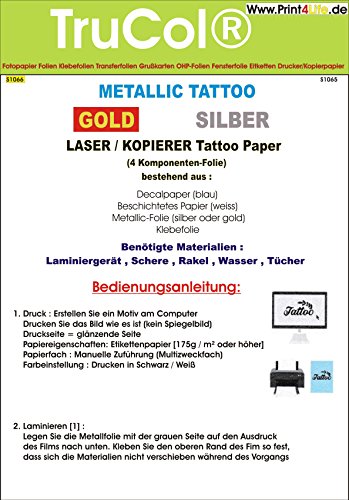 Tattoo – Transferfolie Gold FÜR DIE Haut – Metallic Tattoo Gold - zum aufkleben und selbst gestalten - für Laserdrucker und Kopierer (A4 – 5 Blatt) - Tattoofolien