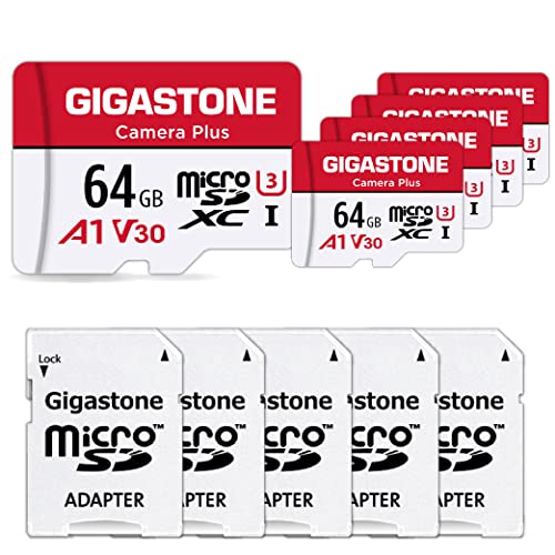 Gigastone 64GB Mirco SD Speicherkarte 5er-Pack, Kamera Plus, Actionkameras und Drohnen, Lesegeschwindigkeit bis zu 90MB/s, Full HD-Videoaufnahme, Micro SDHC Karte UHS-1 A1, Klasse 10, U1 + SD Adapter